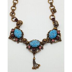 Czech Vintage Necklace Glass Turquoise Cabochons and Purple Rhinestones